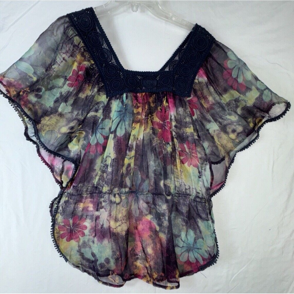 Angie Floral Flutter Sleeve Sheer Flowing Boho‎ Peasant Top Small Shirt Blouse